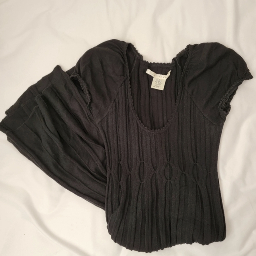 MAX STUDIO Round Scalloped Neck Puff Sleeve A-Line Cable Knit Sweater Midi Dress